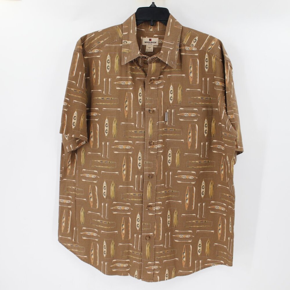 VTG woolrich shirt men's large Lichen Kayaks short sleeve Brown Button up Cotton